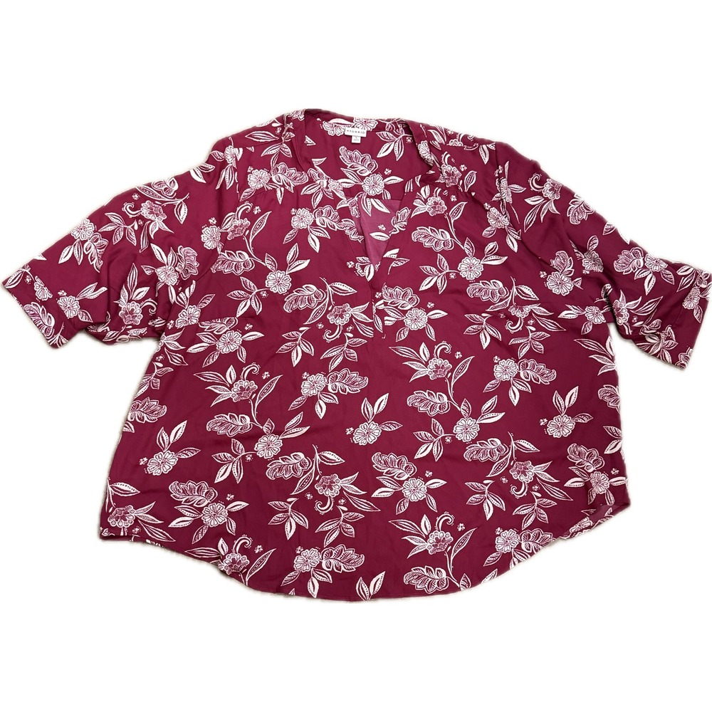 Torrid Womens Size 5 Floral Georgette Split Neck Blouse Burgundy Wine Red Top